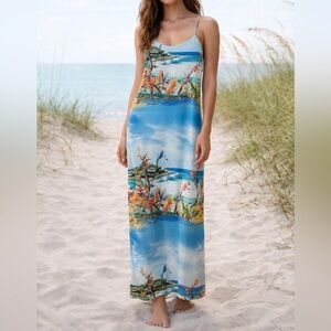 Zara Scenic Printed Spaghetti Straps Tulle Slip Dress